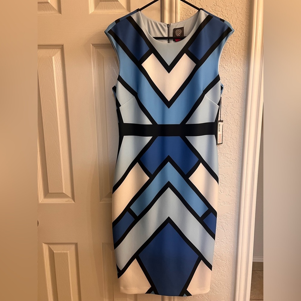 Vince Camuto White and Blue Sheath Midi Dress